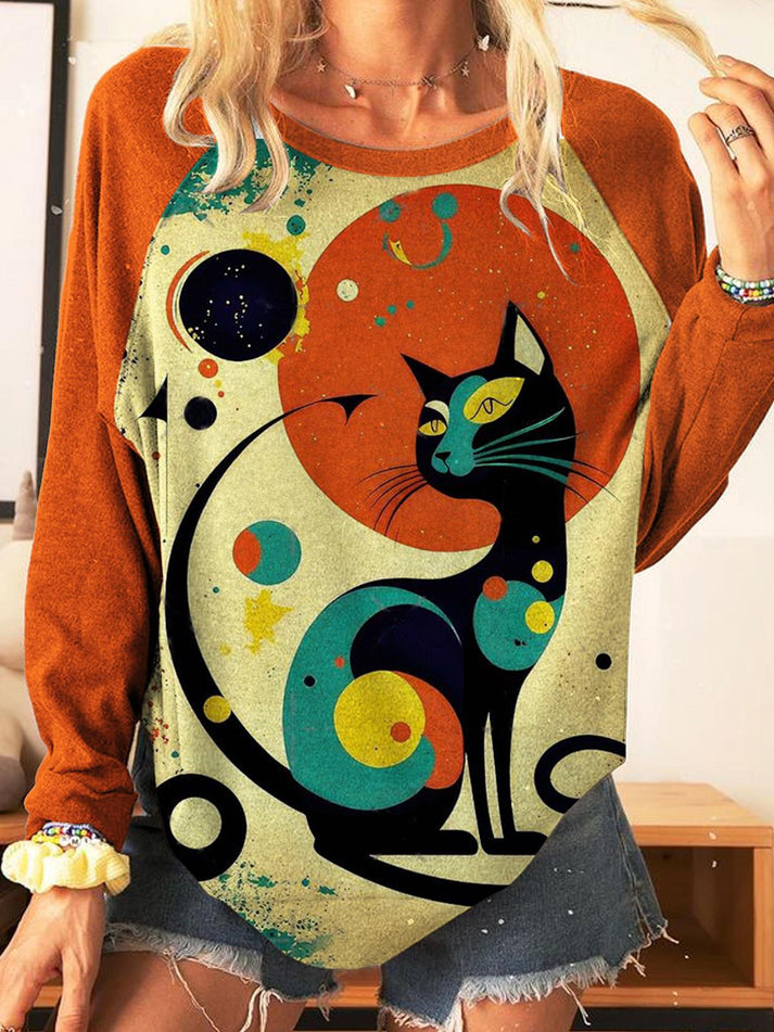 Geometric Cat Print Casual Top-carlalin
