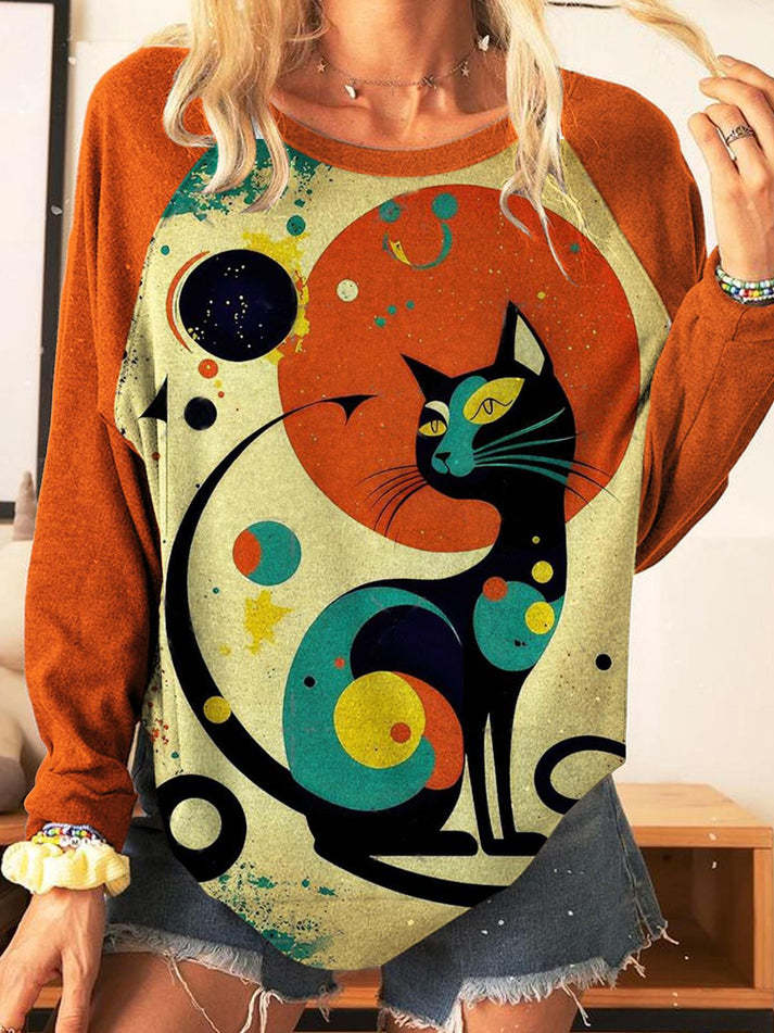 Geometric Cat Print Casual Top-carlalin