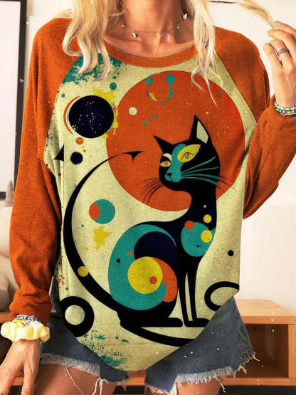 Geometric Cat Print Casual Top-carlalin
