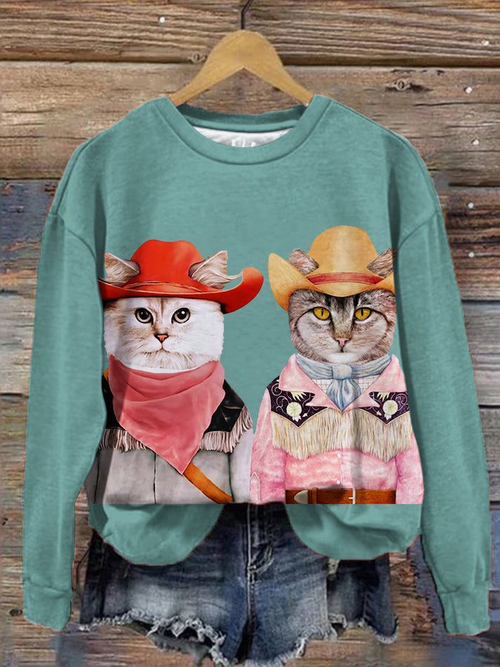 Women's Cowboy Cats Art Print Round Neck Long Sleeve Top-carlalin