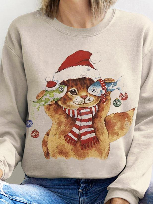 Christmas Cute Cat Print Long Sleeve Top-carlalin