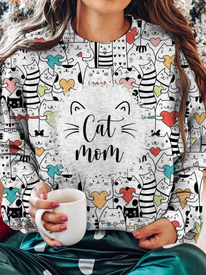 Cat Printed Long Sleeve Casual Top-carlalin