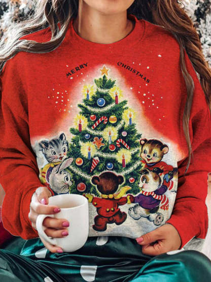 Women's Merry Christmas Kitten Print Crew Neck Top-carlalin