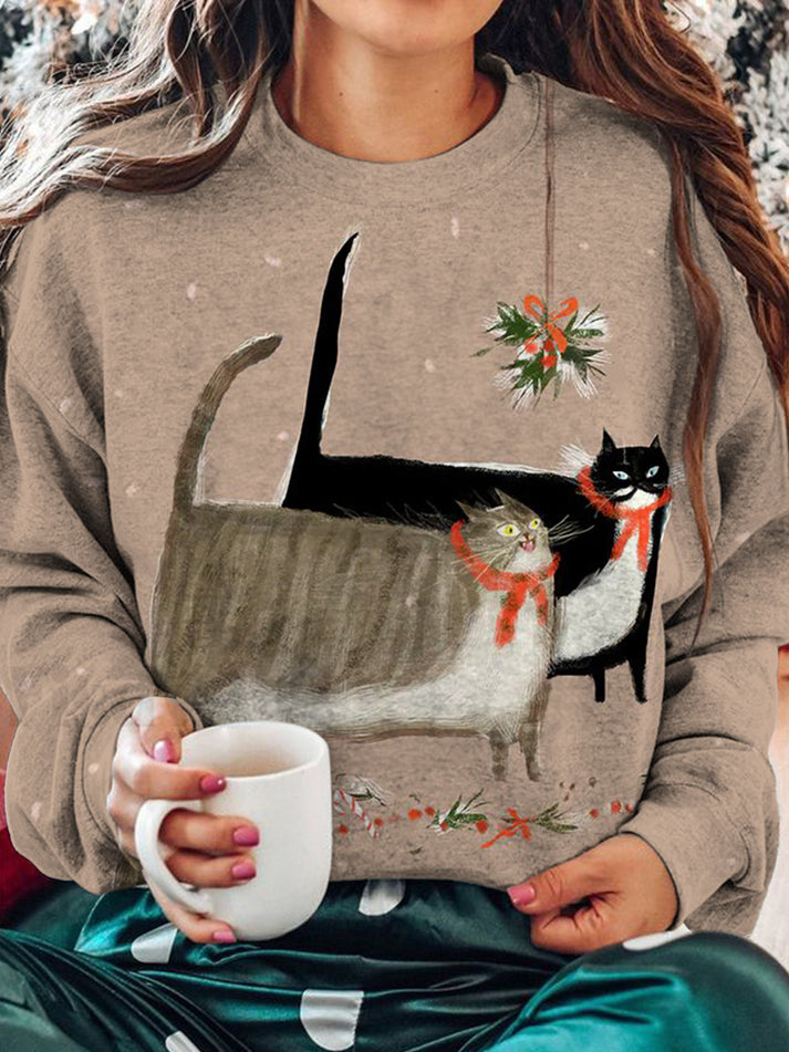Christmas Cats Print Long Sleeve Casual Top-carlalin