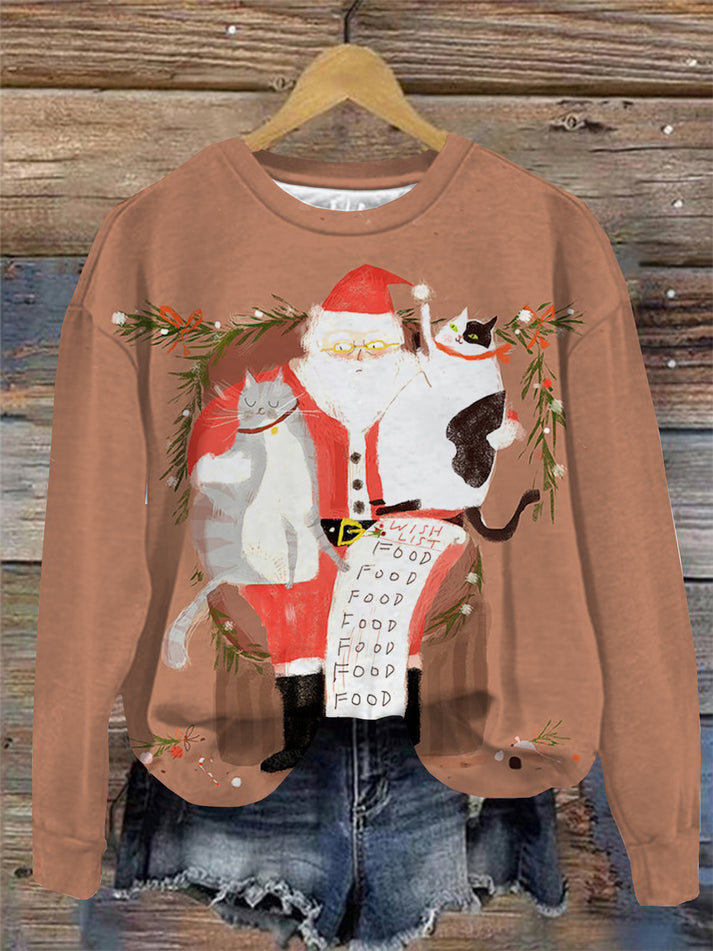 Santa Claus And Cat Print Round Neck Long Sleeve Top-carlalin
