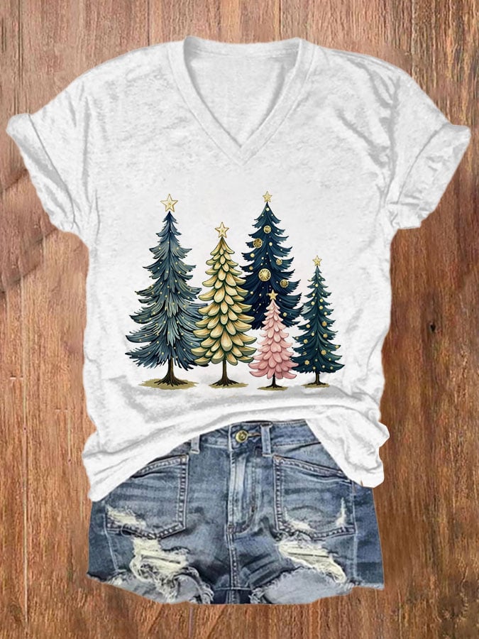 Women's Casual Beautiful Watercolor Christmas Trees Printed Short Sleeve T-Shirt-carlalin