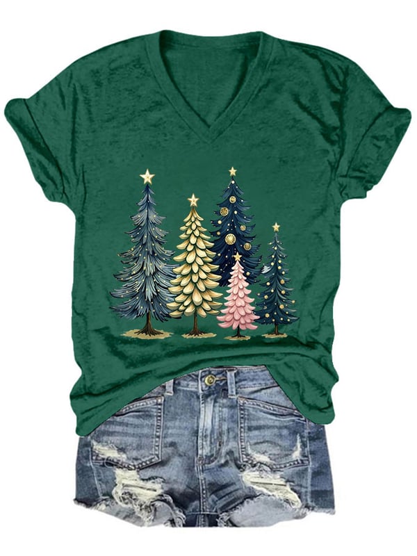 Women's Casual Beautiful Watercolor Christmas Trees Printed Short Sleeve T-Shirt-carlalin