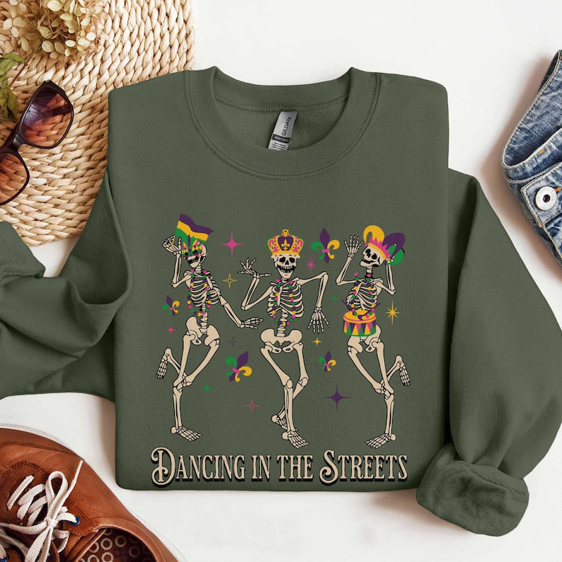 Mardi Gras Sweatshirt with Dancing Skeletons-carlalin