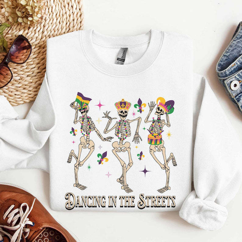 Mardi Gras Sweatshirt with Dancing Skeletons-carlalin