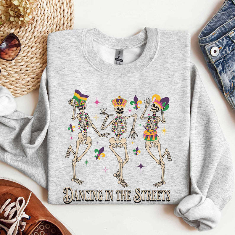 Mardi Gras Sweatshirt with Dancing Skeletons-carlalin