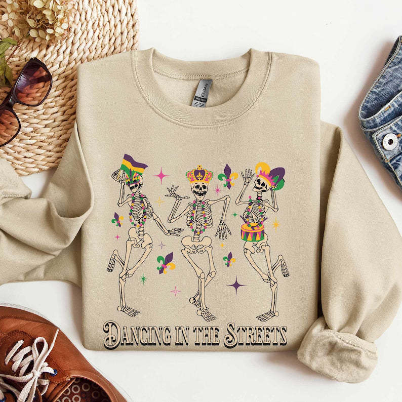Mardi Gras Sweatshirt with Dancing Skeletons-carlalin