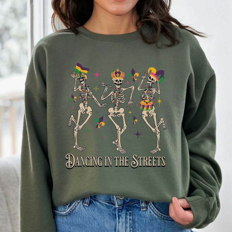 Mardi Gras Sweatshirt with Dancing Skeletons-carlalin