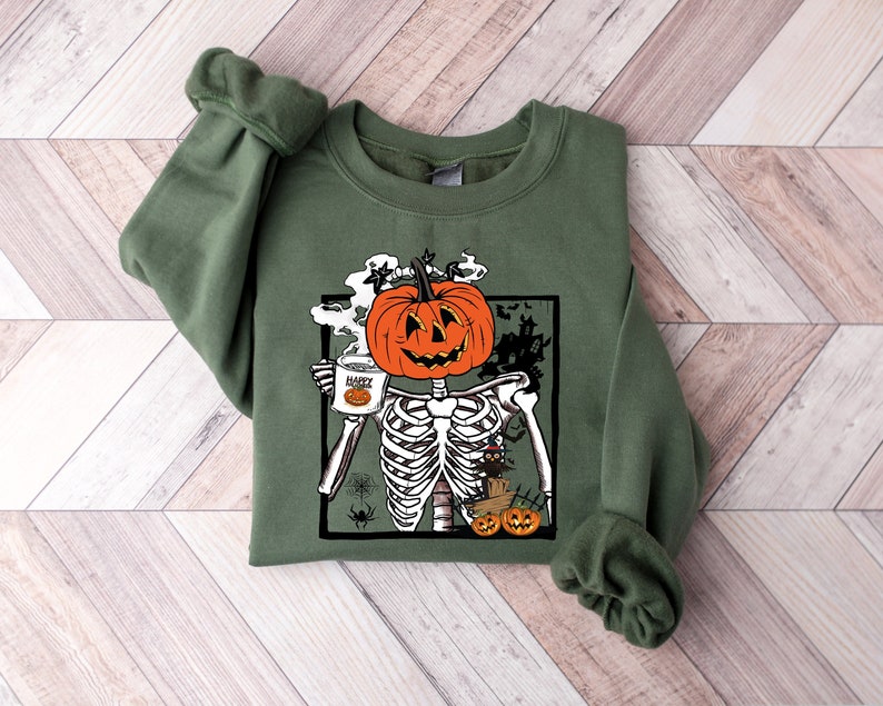 Pumpkin Skeleton Drinking Coffee Shirt