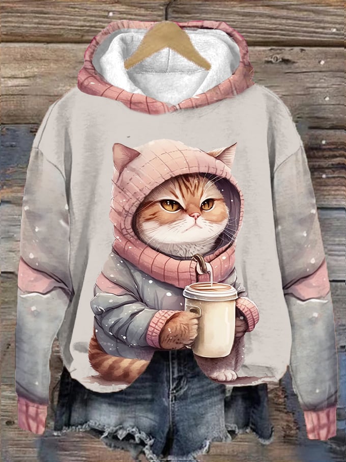 Women's Winter Funny Cute Wonderland Clothing Cat Printed Hooded Sweatshirt-carlalin