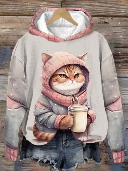 Women's Winter Funny Cute Wonderland Clothing Cat Printed Hooded Sweatshirt-carlalin