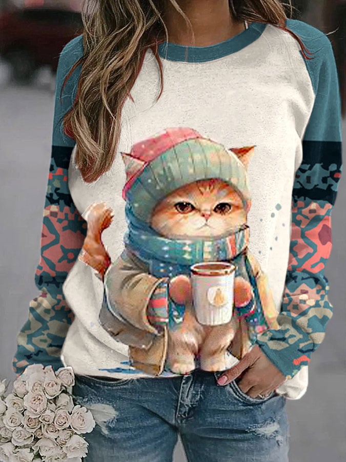 Women's Winter Funny Cute Wonderland Clothing Clipart Cat Coffee Plaid Print Sweatshirt-carlalin