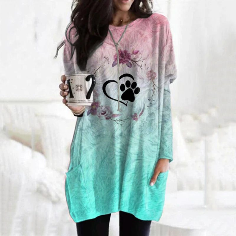 Heart Paw Ombre Print Pocket Long Sleeve Tunic-carlalin