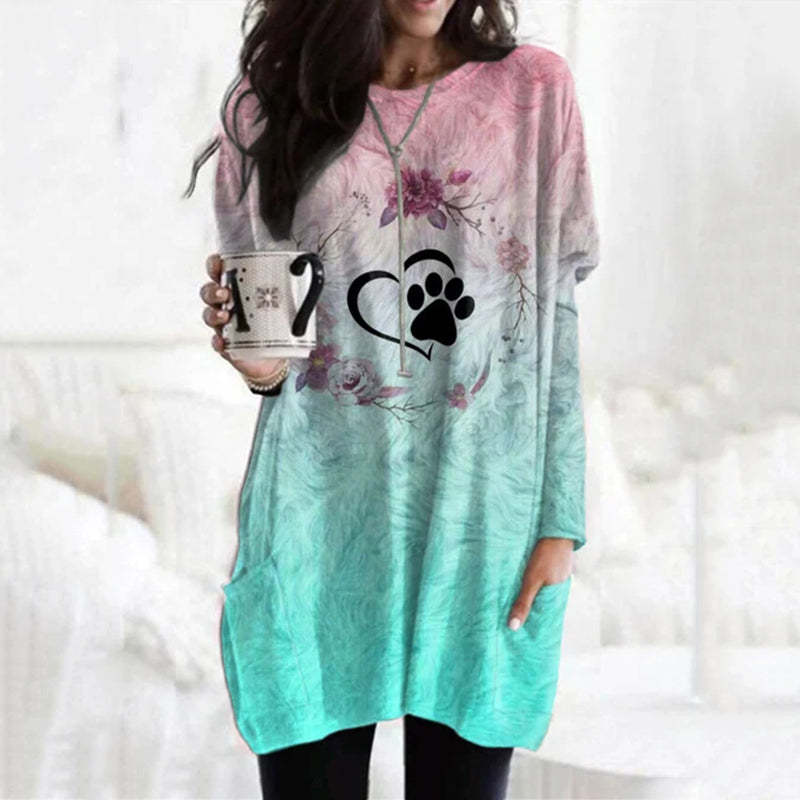Heart Paw Ombre Print Pocket Long Sleeve Tunic-carlalin