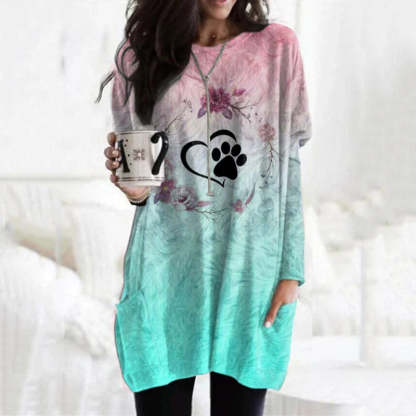 Heart Paw Ombre Print Pocket Long Sleeve Tunic-carlalin