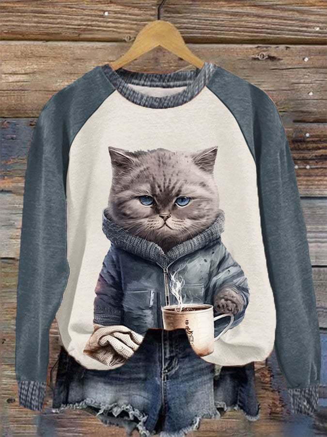 Women's Winter Funny Cute Wonderland Clothingl Clipart Cat Coffee Printed Sweatshirt-carlalin