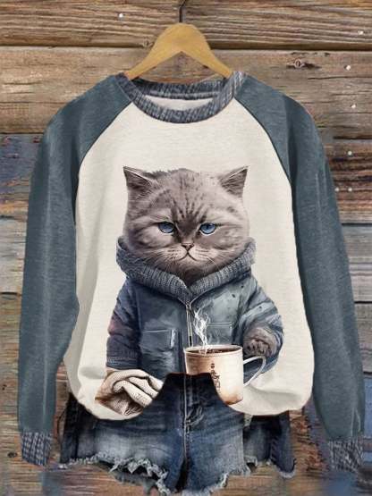 Women's Winter Funny Cute Wonderland Clothingl Clipart Cat Coffee Printed Sweatshirt-carlalin