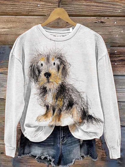 Funny Dog Portrait Art Pattern Print Long Sleeve Casual Sweatshirt-carlalin