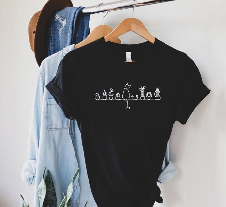 Cats and Plants Print T-shirt-carlalin