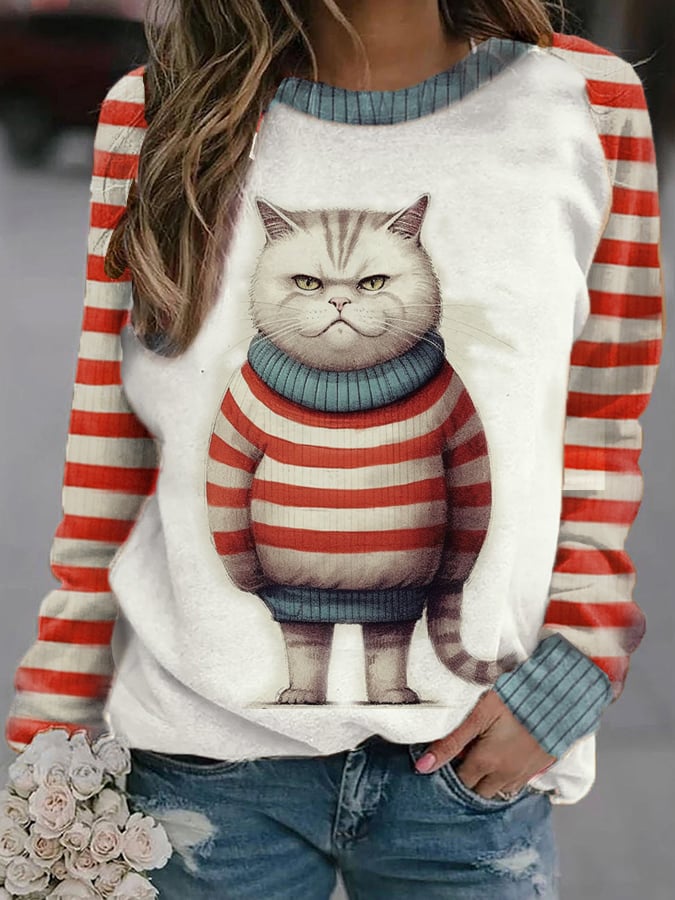 Women's Funny Winter Cat Print Casual Sweatshirt-carlalin