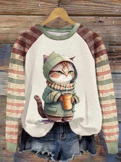 Women's Winter Funny Cute Wonderland Clothing Cat Plaid Print Sweatshirt-carlalin
