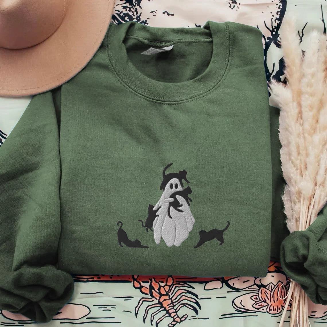 Ghost With Black Cats Embroidered Sweatshirt-carlalin