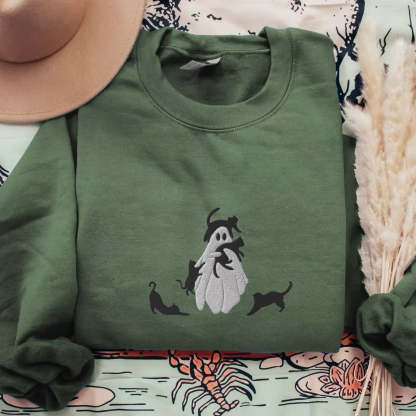 Ghost With Black Cats Embroidered Sweatshirt-carlalin