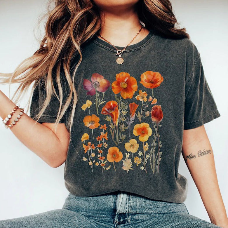 Orange Pressed Wildflowers Boho Flower Sweatshirt-carlalin