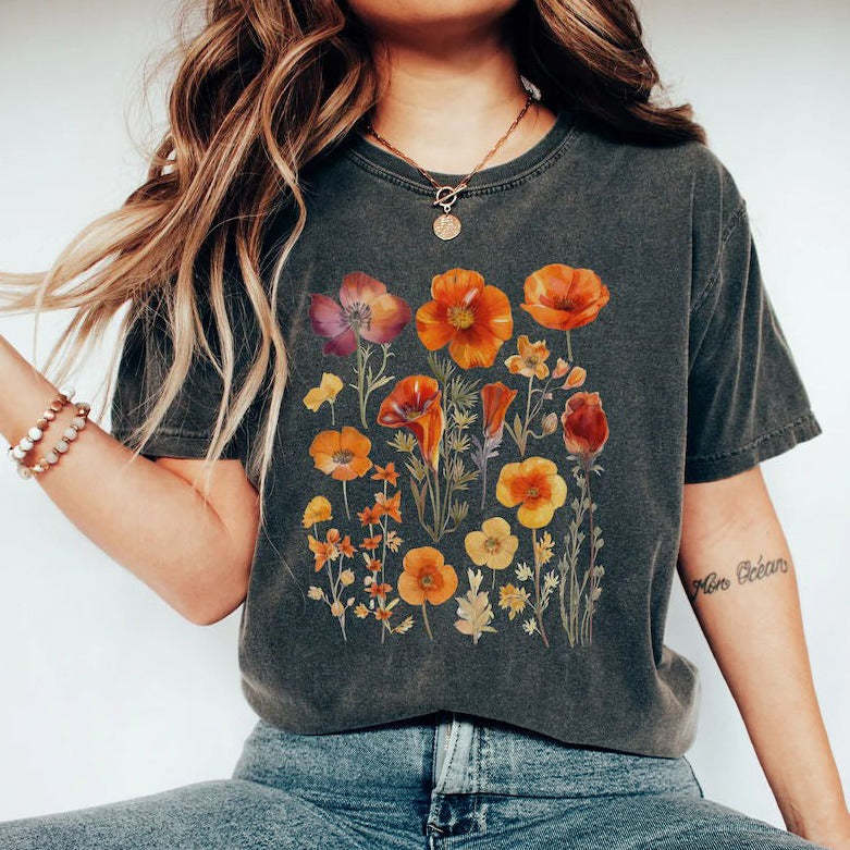 Orange Pressed Wildflowers Boho Flower Sweatshirt-carlalin