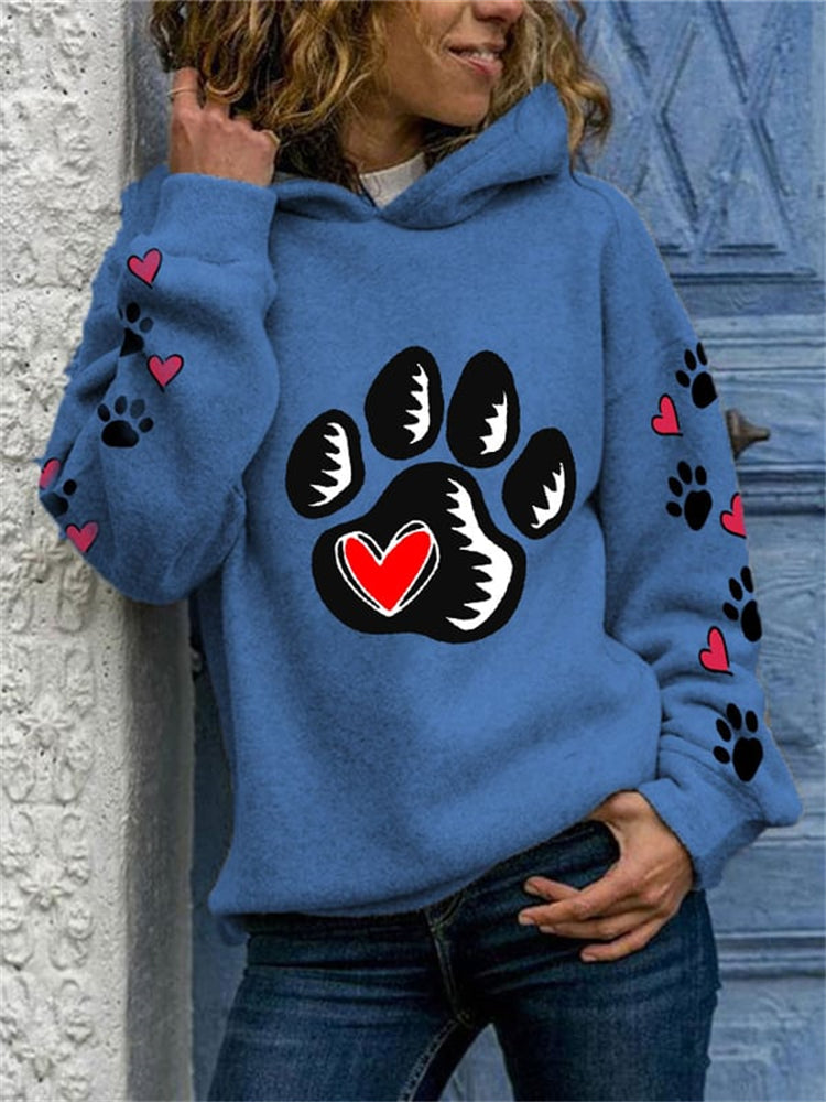 Dog Footprint Heart Print Long Sleeve Hoodie-carlalin