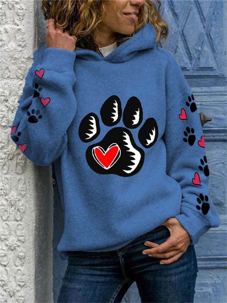 Dog Footprint Heart Print Long Sleeve Hoodie-carlalin