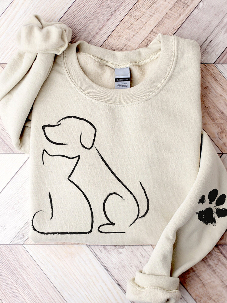 Cat & Dog Line Art Paw Print Comfy Sweatshirt-carlalin