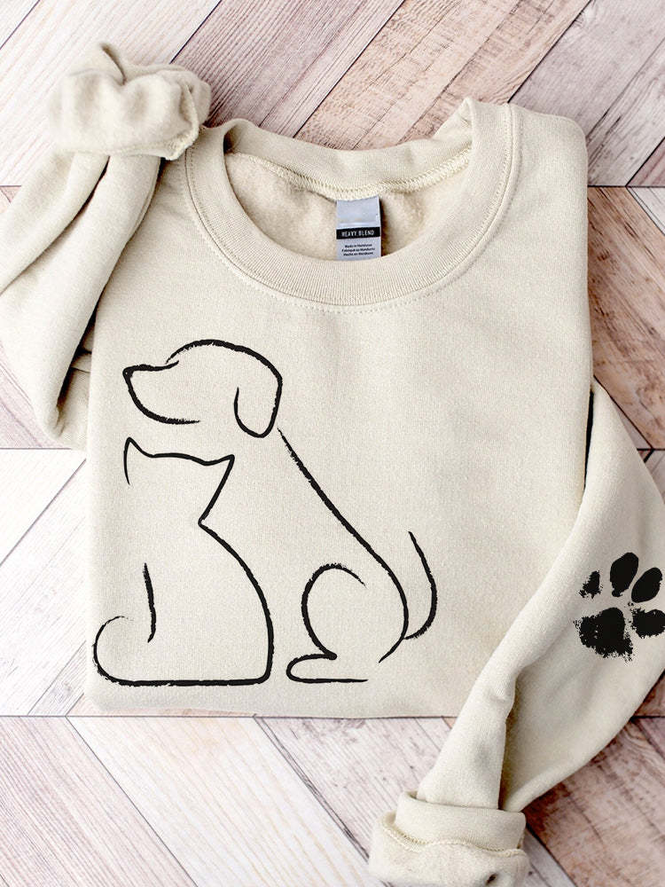 Cat & Dog Line Art Paw Print Comfy Sweatshirt-carlalin