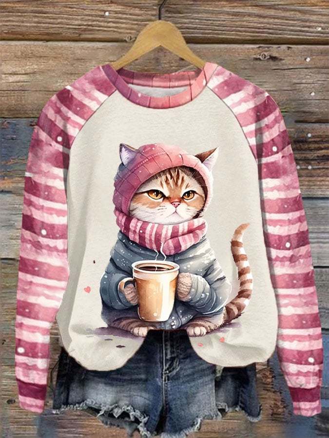 Women's Winter Funny Cute Wonderland Clothing Cat Plaid Print Sweatshirt-carlalin