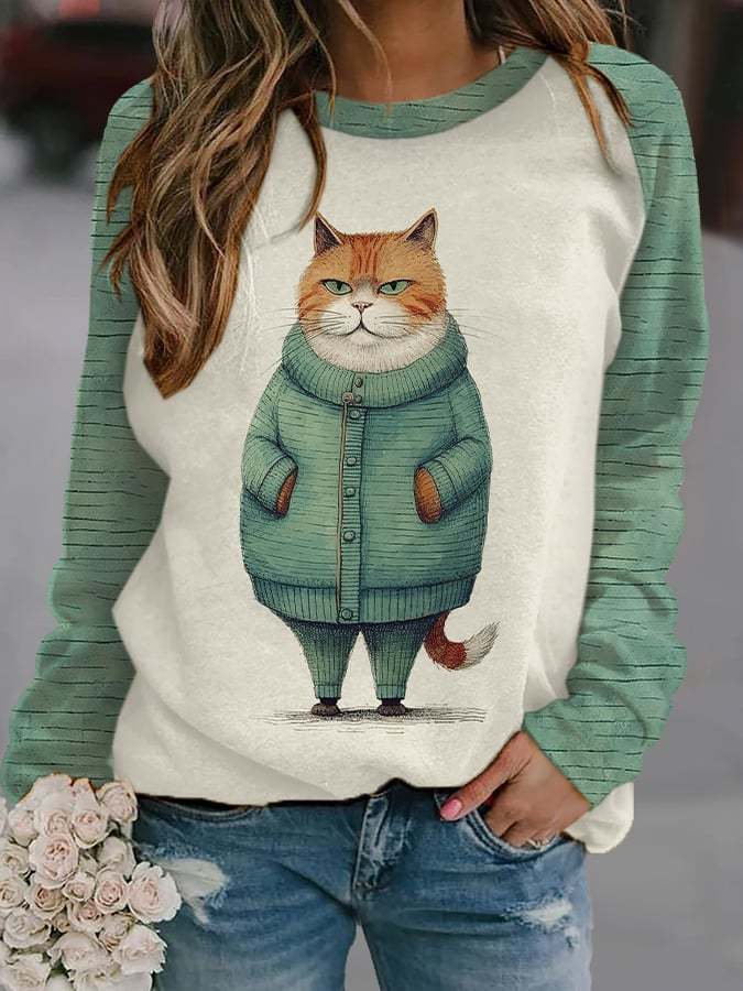 Women'S Cat Print Crew Neck Casual Sweatshirt-carlalin