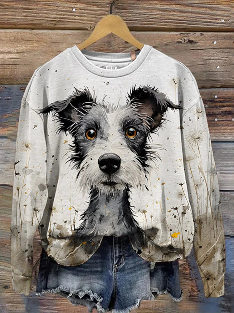 Dandelion Daisy Watercolor Ink Puppy Animal Art Design Print Sweatshirt-carlalin