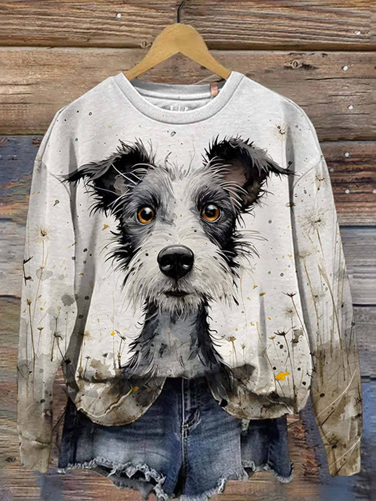 Dandelion Daisy Watercolor Ink Puppy Animal Art Design Print Sweatshirt-carlalin