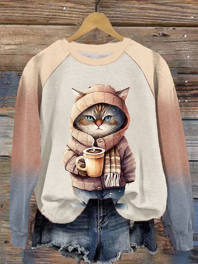 Women's Winter Funny Cute Wonderland Clothingl Clipart Cat Coffee Printed Sweatshirt-carlalin