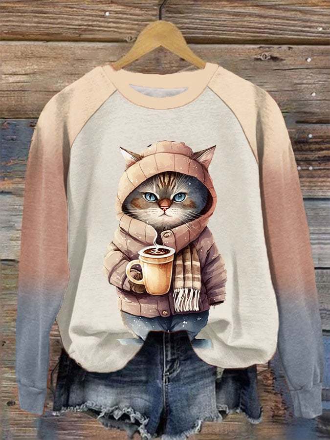 Women's Winter Funny Cute Wonderland Clothingl Clipart Cat Coffee Printed Sweatshirt-carlalin
