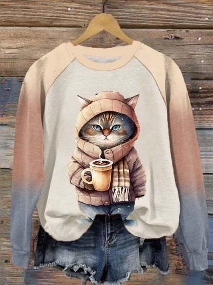 Women's Winter Funny Cute Wonderland Clothingl Clipart Cat Coffee Printed Sweatshirt-carlalin