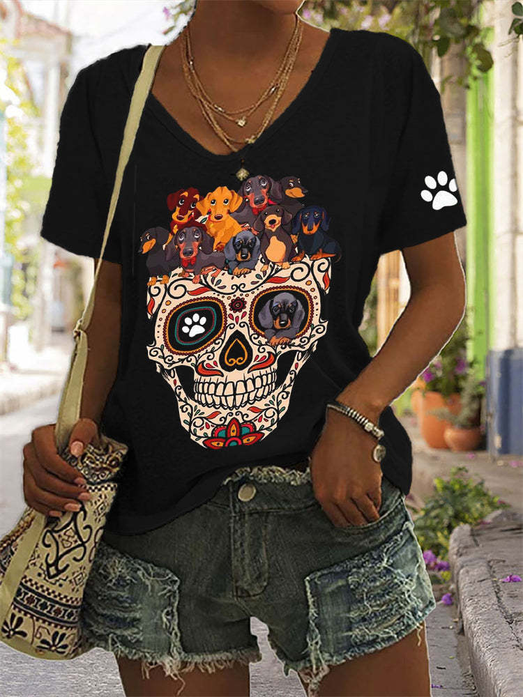 Lovely Dogs Sugar Skull Paw Print V Neck T-Shirt-carlalin