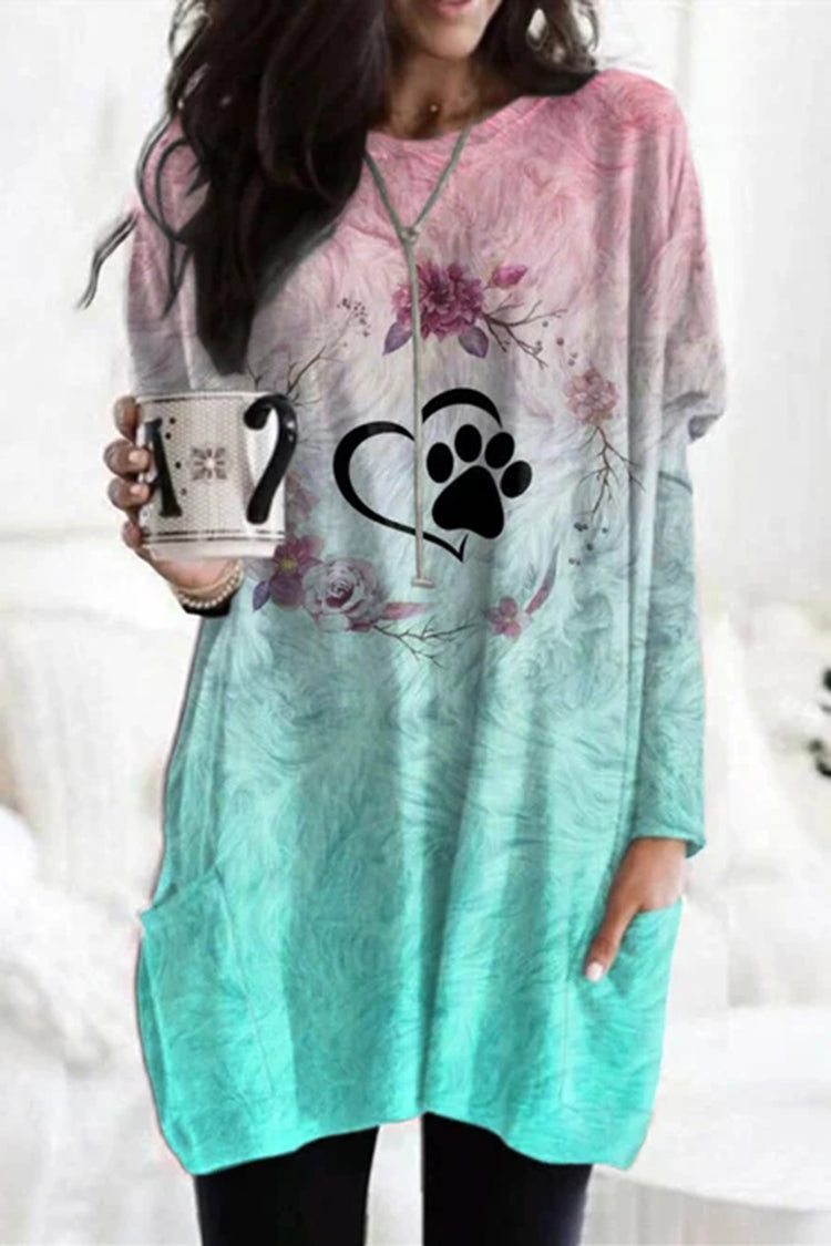 Heart Paw Ombre Print Pocket Long Sleeve Tunic-carlalin