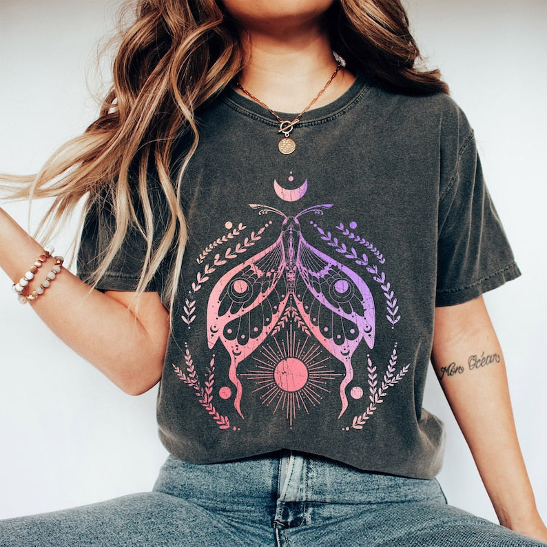 Celestial Moth Sun And Moon Abstract Vintage Tshirt-carlalin
