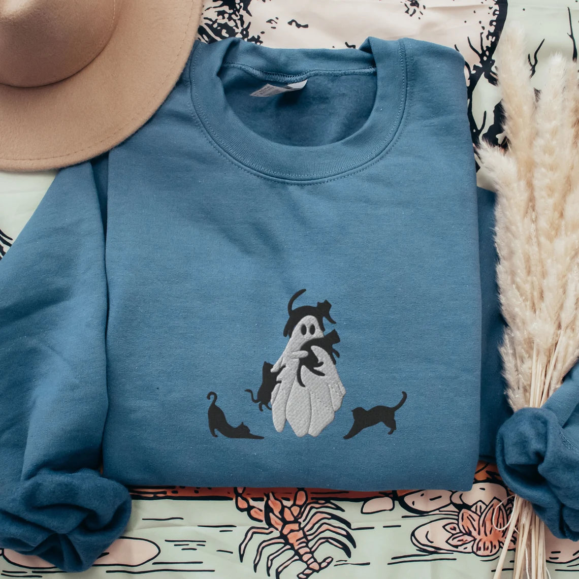 Ghost With Black Cats Embroidered Sweatshirt-carlalin