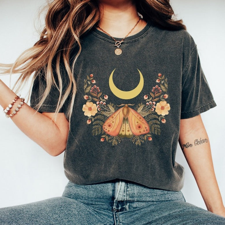 Moon Moth Flower T Shirts Graphic T Shirt-carlalin