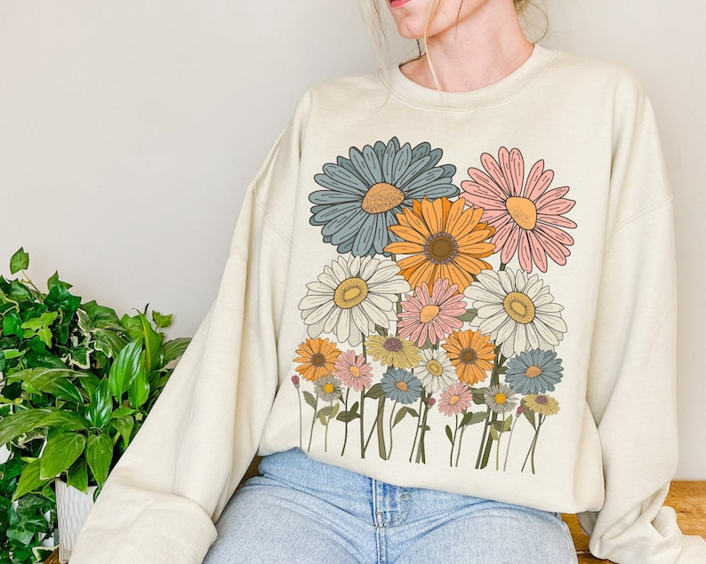 Retro Daisies Flower Sweatshirt-carlalin
